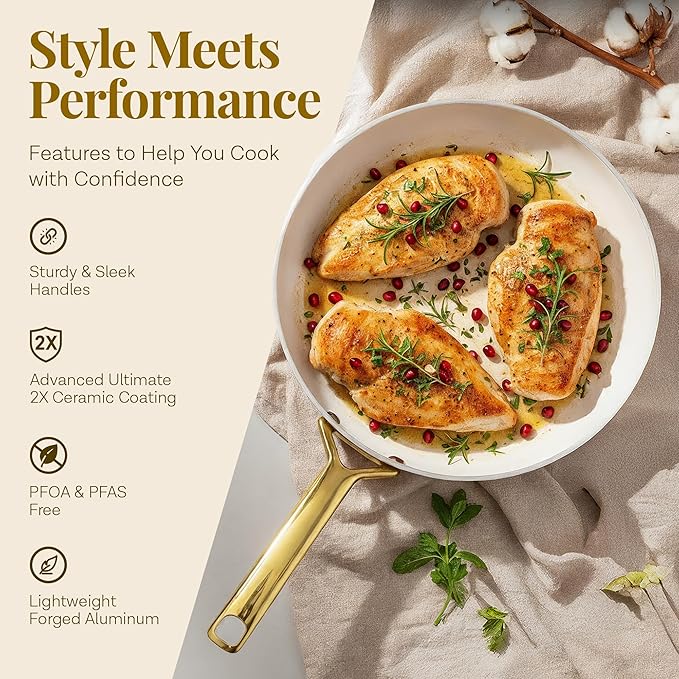 Gotham Steel Modern 11 Pc Ceramic Cookware Set Elegantly Designed Pots and Pans Set Non Stick with Steamer Induction Bottom Premium Stay Cool Handles Non Toxic PFOA Free Oven &amp Dishwasher Saf