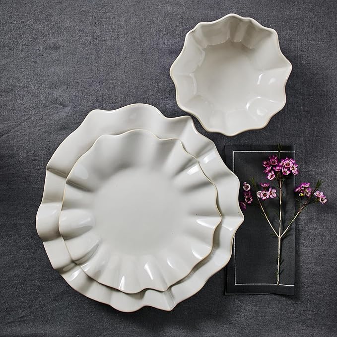 Marchesa Lotus 12-Piece Dinnerware Set Stoneware Plates and Bowls Set Dishwasher and Microwave Safe Dish Set for 4 White