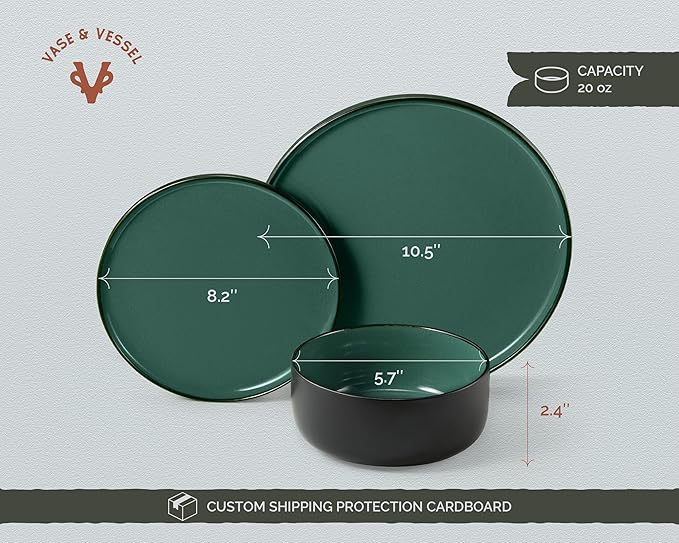 Dinnerware Set 12 Piece Service for 4 Vase and Vessel Ceramic 10.5” Dinner Plates 8.2” Salad Plates and 20 oz Bowls Stoneware Somerset Collection (Black/Jade)