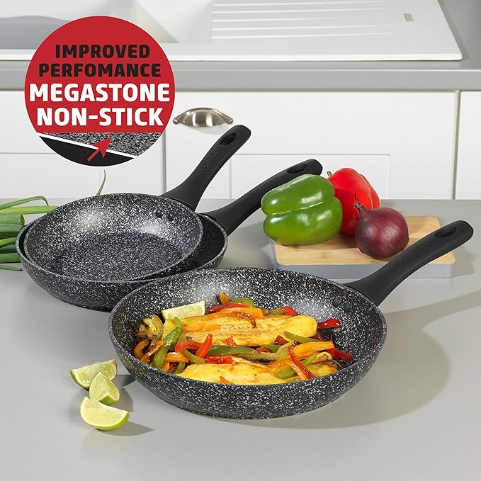 Salter COMBO-8207A Megastone Non-Stick Frying Pan Set 3 Piece Pan Set 20/24/28 cm Forged Aluminium Cookware Dishwasher &amp Metal Utensil Safe Use Little or No Oil for Healthier Meals PFOA-Free