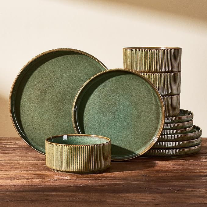 Stoneware Dinnerware Sets Handcrafted Double Reactive Glaze Plates and Bowls for Everyday &amp Formal Dining Microwave &amp Dishwasher Safe Scratch Resistant Dishes Service for 4 (12-Piece) Moss