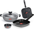 Sumeet NonStick Fekete Cookware Set (Mini Multi Snack Maker - 4 Cavity -19.5cm + Kadhai with Glass Lid -2Ltr - 22Cm Dia + Grill Pan-22cm Dia + Waghariya/Tadka pan - 190Ml - 10Cm Dia)