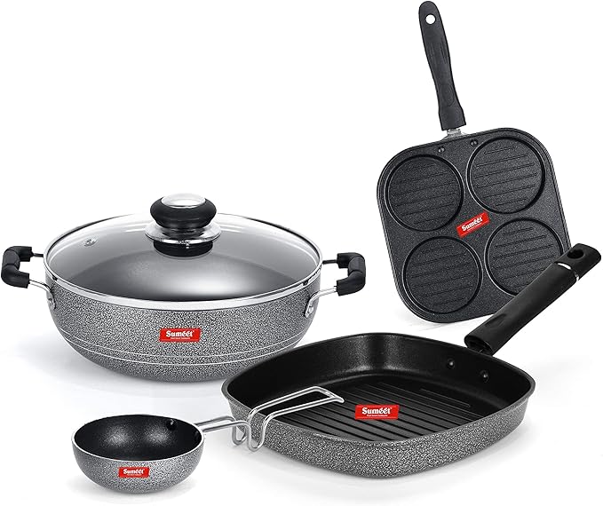Sumeet NonStick Fekete Cookware Set (Mini Multi Snack Maker - 4 Cavity -19.5cm + Kadhai with Glass Lid -2Ltr - 22Cm Dia + Grill Pan-22cm Dia + Waghariya/Tadka pan - 190Ml - 10Cm Dia)