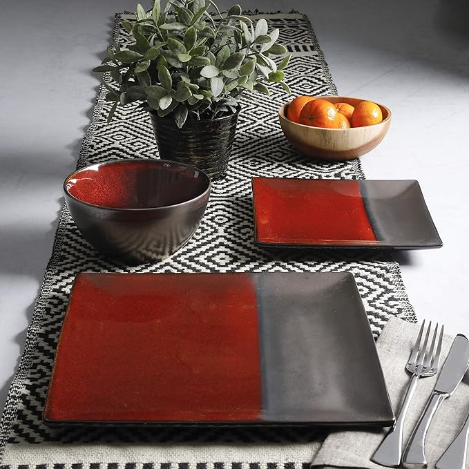 Gibson Elite Decadence 12 Piece Reactive Glaze Dinnerware Set Service for 4 Red with Reactive Metallic Color -