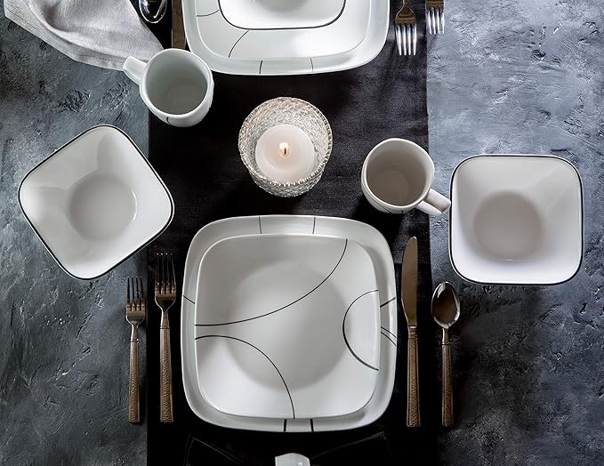 Corelle 18-Piece Service for 6 Chip Resistant Simple Lines Dinnerware Set &amp Square Pure White 1-Quart Bowl Set (2-Piece)
