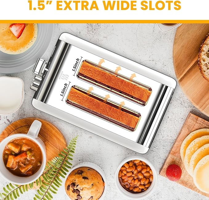Simple Deluxe 2-Slice Stainless Steel Toaster Extra Wide Slot Toaster &amp Removable Crumb Tray with 6 Browning Setting and 3 Function for Bread &amp Waffle White