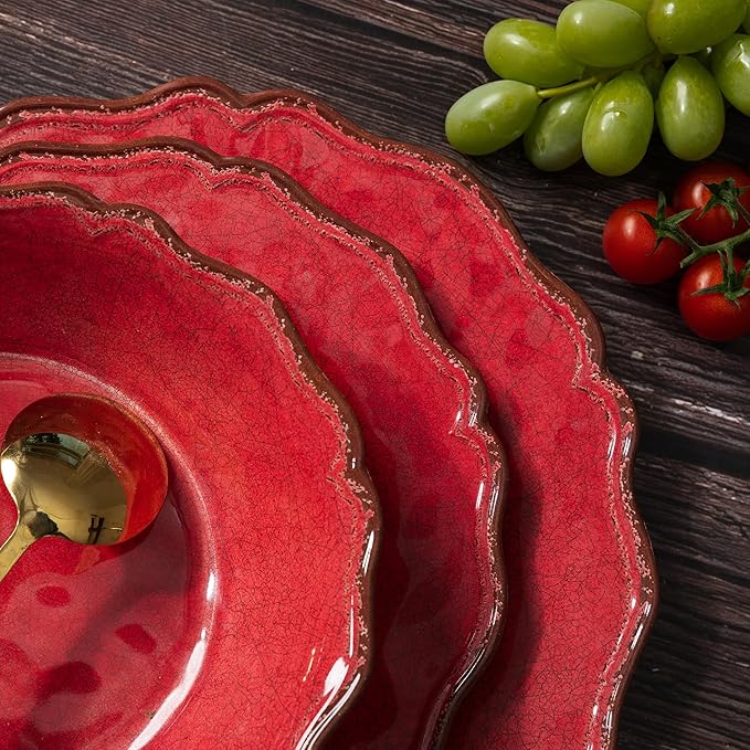 LEHAHA Farmhouse Red 12 Piece Melamine Dinnerware Sets For Indoor and Outdoor Use Rustic Dishes Dinnerware Sets with Bowls and Dinner/Dessert Plates BPA free Dinner Dishes Set Service for 4