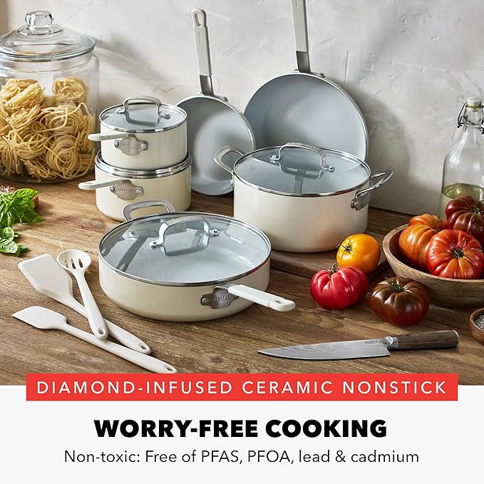 GreenPan x Bobby Flay 13 Piece Cookware Pots and Pans Set and 8 Chef's Knife. PFAS &amp PFOA-Free Ceramic Nonstick Induction Suitable Stay-Cool Silicone Handle Dishwasher &amp Oven Safe Cream