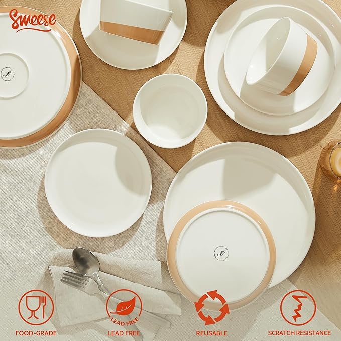 Sweese 18 Pieces Porcelain Dinnerware Set Modern Dish Set for 6 Hand Painted Kitchen Plates and Bowls Sets Scratch Resistant Dishware Sets Dishwasher &amp Microwave &amp Oven Safe Dinner Set Br