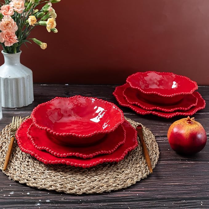 12 pcs Christmas Holiday Melamine Dinnerware Set Ruffled Rim With Beaded Plates and Bowls Set of 4 Lightweight yet Durable Dishes tableware Set Ideal for parties camping and RV trips
