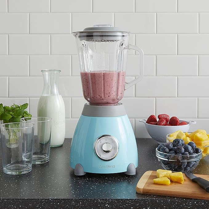 West Bend Blender Retro-Styled 3 Speeds with 48 oz Glass Blending Jar and Stainless Steel Blade 500-Watts Blue
