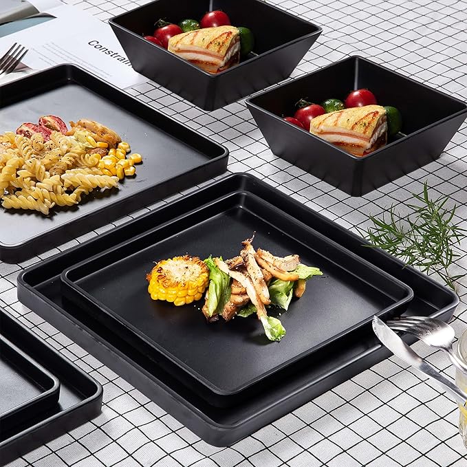 Melamine Dinnerware Sets - 12pcs Square Plates and Bowls Set Dishes Set Black