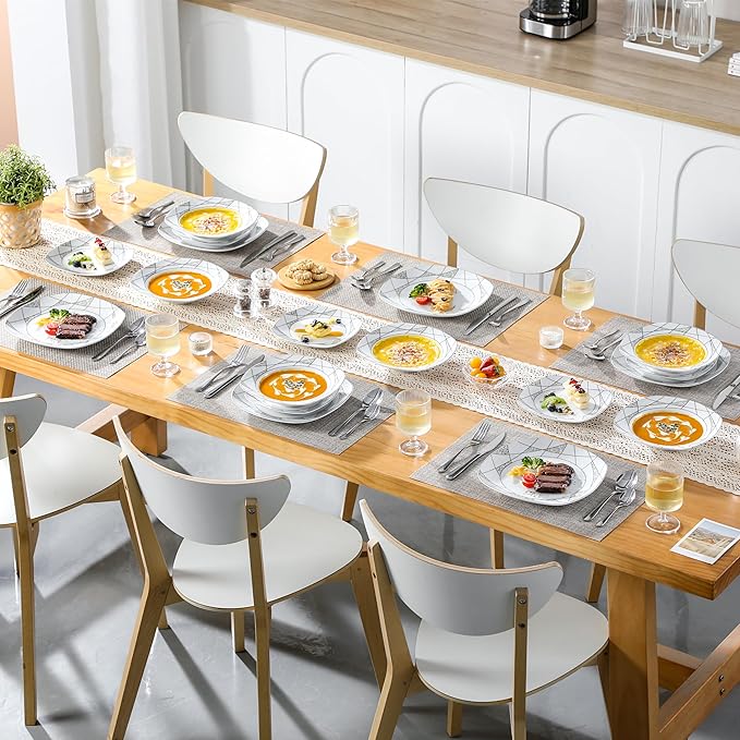 VEWEET 'Serena' 18-Piece Dinner Set - Ivory White Irregular Patterns Porcelain Plates: Set of 6 (7.5 Dessert 8.5 Soup 9.75 Dinner)