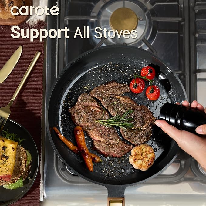 CAROTE Ceramic Cookware Set Nonstick 16pcs Pots and Pans Set Nonstick Non-Toxic &amp PFAS-Free Dishwasher RV/Camping Cookware Set Cooking Pots with Lids Charcoal Black