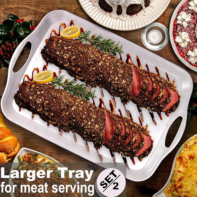 Extra Large Serving Tray with Handles 20x13 inch Set of 2 Melamine Platters for Serving Food Turkey Cookie Rectangular Trays for Eating Raised Dots Matt Finished Dishwasher Safe White