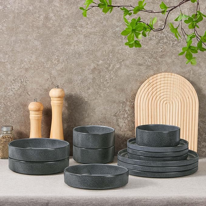 Herogo 16 Piece Plates and Bowls Set Ceramic Dinnerware Sets with Pasta Bowls Kitchen Dinner Ware Dishes Service for 4 Chip &amp Scratch Resistant Dishware Dark Gray