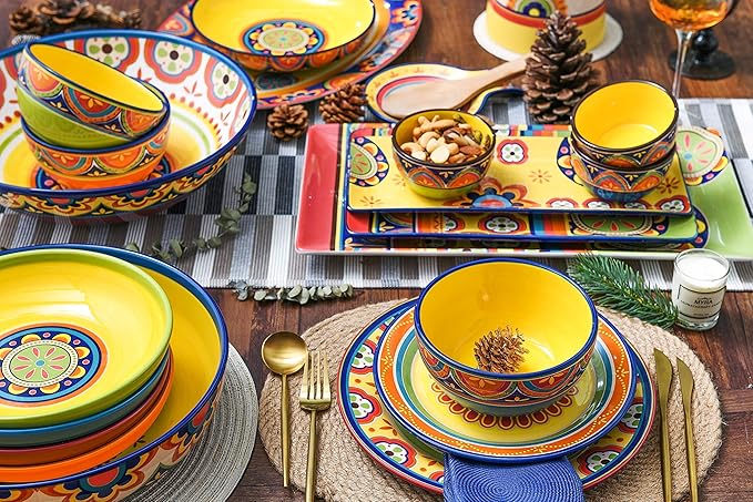 Bico Tunisian Ceramic 16 pcs Dinnerware Set Service for 4 Inclusive of 11 inch Dinner Plates 8.75 inch Salad Plates 26oz Cereal Bowls and Mugs for Party Microwave &amp Dishwasher Safe