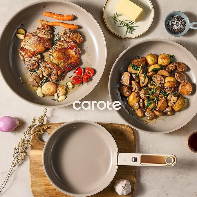 CAROTE 4pcs Ceramic Frying Pans Titanium Non Stick 8+10+12” Frying Pan Egg Pan Omelet Pans with Detachable Handle Nonstick Cookware PFOA Free Induction Compatible &amp Oven Safe Dishwasher Saf