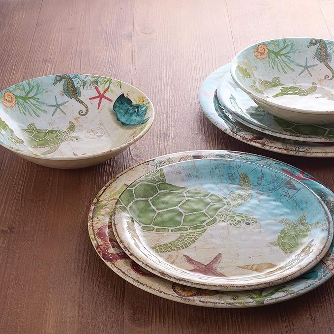 Supreme Housewares 12-Piece Melamine Dinnerware Set Includes Dinner Plates Salad Plates Bowls Service for 4. (Sea Turtle)