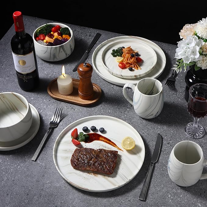 Lorren Home Trends Marble Pattern Dinnerware Set 16 Piece Service for 4 Includes 10.5 Dinner Plates 7.75 Salad Plates 32 oz Bowls 16 oz Mugs Dishwasher &amp Microwave Safe