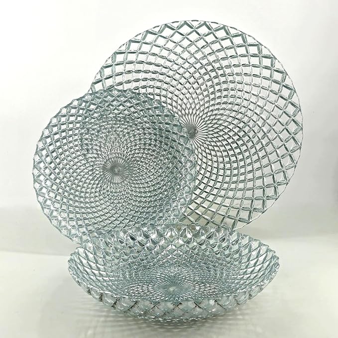 Red Pomegranate PAVO Glass Dinnerware Set Set of 12 pcs Silver