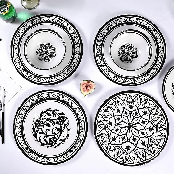 Melamine Dinnerware Sets-12pcs Melamine Plates and Bowls Set Unbreakable Dishwasher Safe Indoor Outdoor Use Ideals for Parties Camping Dish Set Black and White Pattern