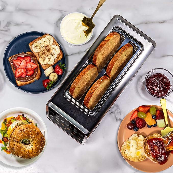 Touch Screen Toaster - 4 Slice 2 Extra Long Slots - 5 Bread Types and 6 Browning Levels - Defrost Reheat Favorite &amp Single Slot Modes - For Toast Bagels &amp Waffles – White