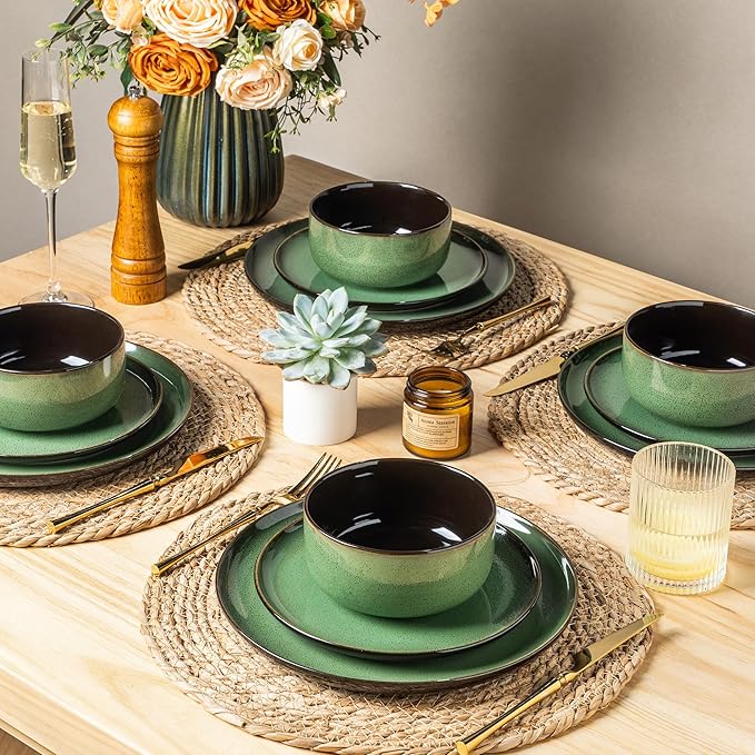 LERATIO Ceramic Dinnerware Sets for 4Porcelain Plates and Bowls SetsHandmade Reactive Glaze Dishes SetOven&ampDishwasher &amp Microwave SafeService for 4
