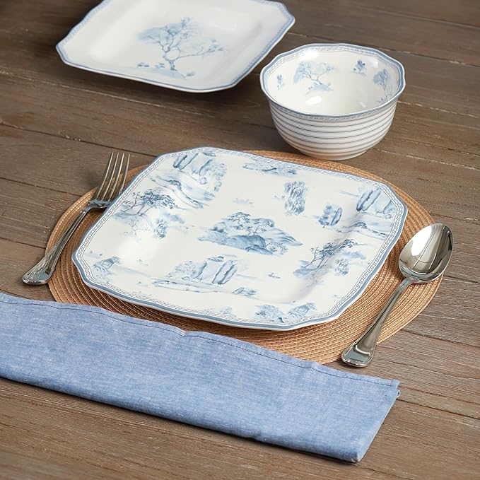 222 Fifth 12-Piece Porcelain Dinnerware Set for 4 Glossy White Plates and Bowls Set with Blue Decal Elegant Square Ceramic Dish Set Kitchen Tableware Microwave &amp Dishwasher Safe Scenic Toile