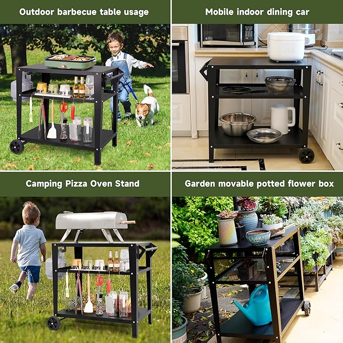 Black Outdoor Grill Cart with Wheels Heavy-Duty 3-Tier BBQ Prep Table for Pizza Oven Griddle Patio – Rustproof Commercial Kitchen Cart with Tool Hooks