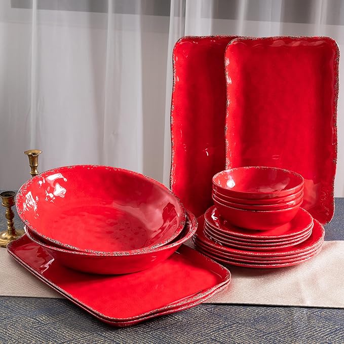 12 Piece Farmhouse Melamine Dinnerware Sets Service For 4 Rustic Crackled Plates and Bowls Sets Melamine Dishes Set for ChristmasWedding Set of 4 Camping Dishes Red