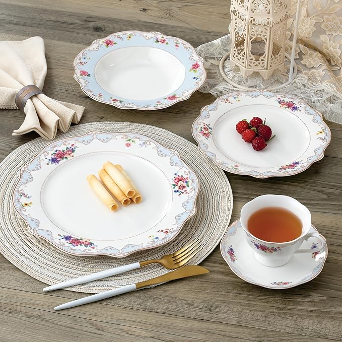 Joseph Sedgh Collection Romantic Bloom 20-Piece Bone China Dinnerware Set Service for 4 Floral with Blue and Gold Trim