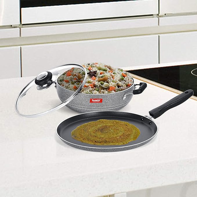 SUMEET Aluminium NonStick Zilarra Cookware Set (Dosa Tawa 26.5Cm Kadhai with Glass Lid 2 L 22Cm Dia Silver)
