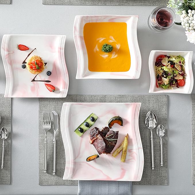 MALACASA Plates and Bowls Sets 26 Pieces Pink Dinnerware Sets for 6 Porcelain Dinnerware Set with Dinner Plates and Bowls Serving Platters Square Dishware Sets Modern Dish Set Series Flora
