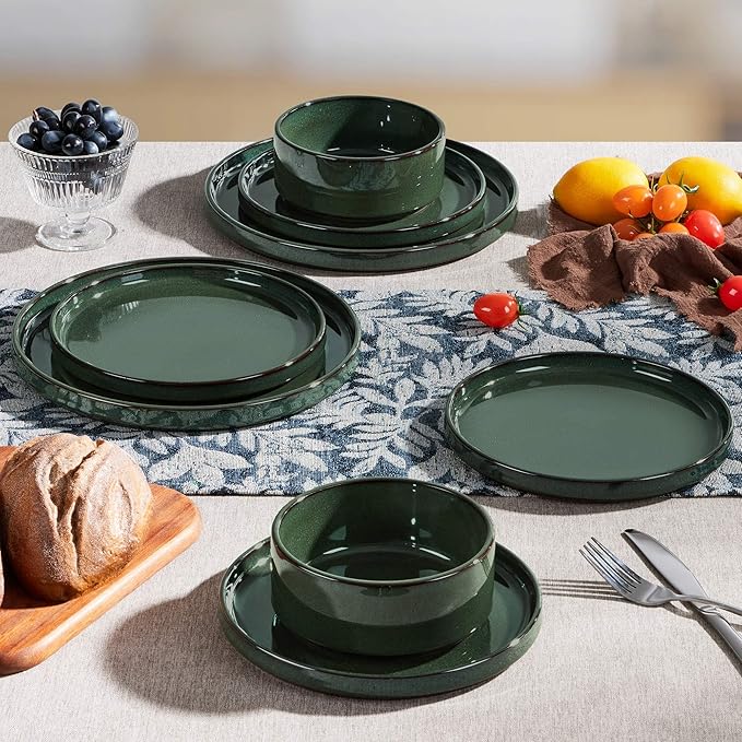 Herogo 12 Pieces Stoneware Dinnerware Set for 4 Ceramic Dinner Dishware Sets for Home Kitchen Plates and Bowls with Rustic Terracotta Bottom Dishwasher &amp Microwave Safe Dark Green