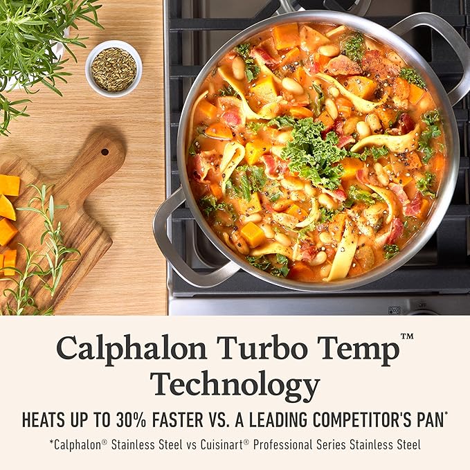 Calphalon Brushed 3-Ply Stainless Steel Cookware Set w/Turbo Heat Tech 6Qt Stock Pot with Lid Induction Oven Safe 450F Brushed Stainless Silver