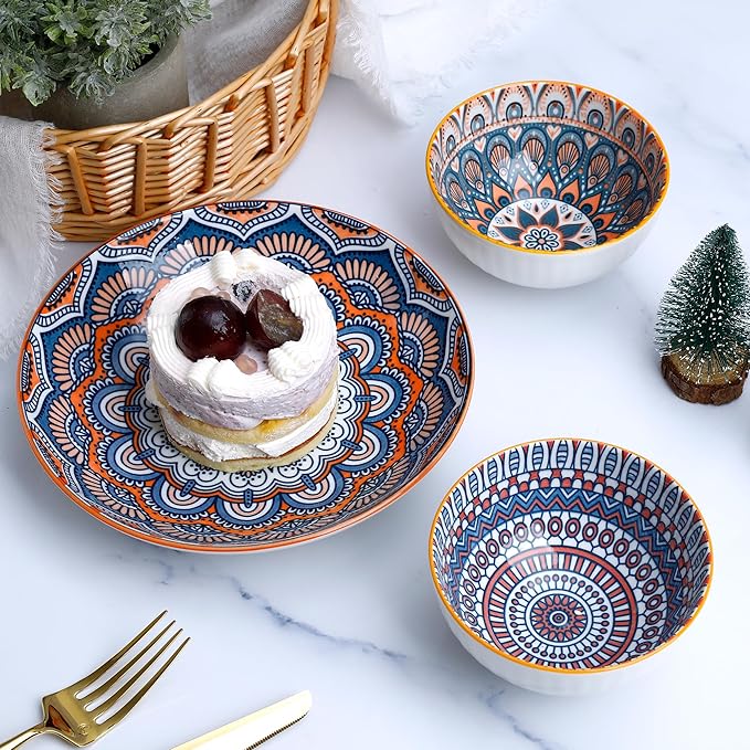 Bohemian Ceramic Dinnerware Set 14-Piece Plates and Bowls Microwave &amp Dishwasher Safe Chip Resistant Eclectic Gift Box