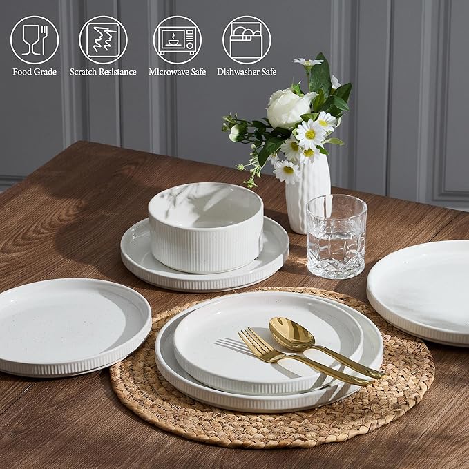 E-far 12-Piece Plates and Bowls Sets with 35oz Pasta Bowls Set of 4 Stoneware Dinnerware Dishes Sets Kitchen Modern Dining Dishware Speckled White