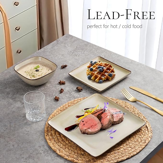 Vesteel 12 Pieces Square Dinnerware Sets Ceramic Plates and Bowls Sets for 4 Handmade Reactive Glaze Dishes Set for Kitchen Dining Microwave &amp Dishwasher Safe Khaki
