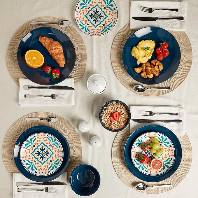 Tabletops Gallery 12-Piece Isabella Patterned Ceramic Dinnerware Set of Kitchen Dishes Dinner Plates Cereal Bowls Service for 4 Blue