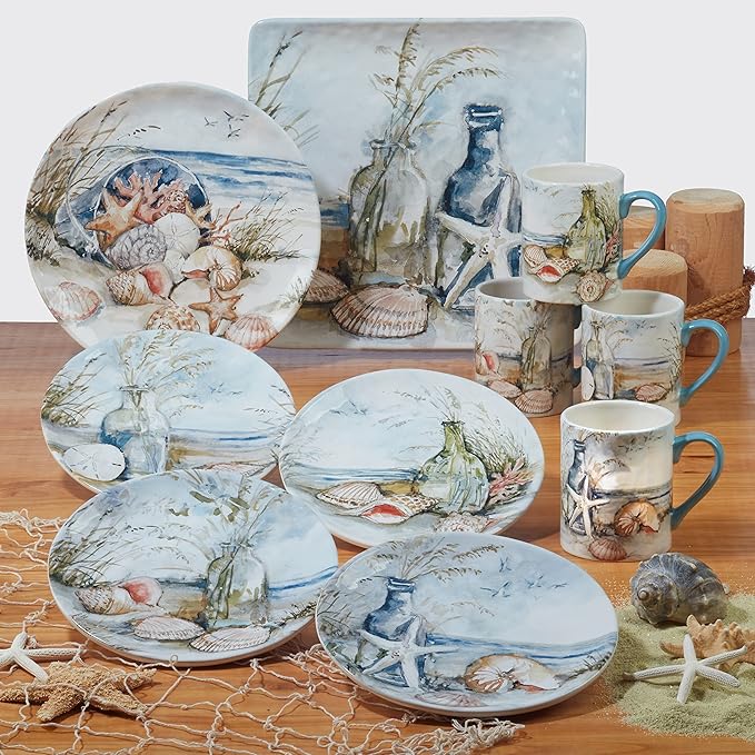 Coastal Landscape 16 Piece Ceramic Dinnerware Set – Service for 4 with Beach-Themed Dinner Plates Salad Plates Bowls &amp Mugs – Ocean-Inspired Tableware for Everyday or Coastal Entertaining