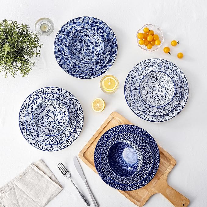 vancasso SELENE Plates and Bowls Set for 4 12 Pieces Dinnerware Sets Mircowave and Dishwasher Safe Dishes Set Porcelain Blue Dinnerware