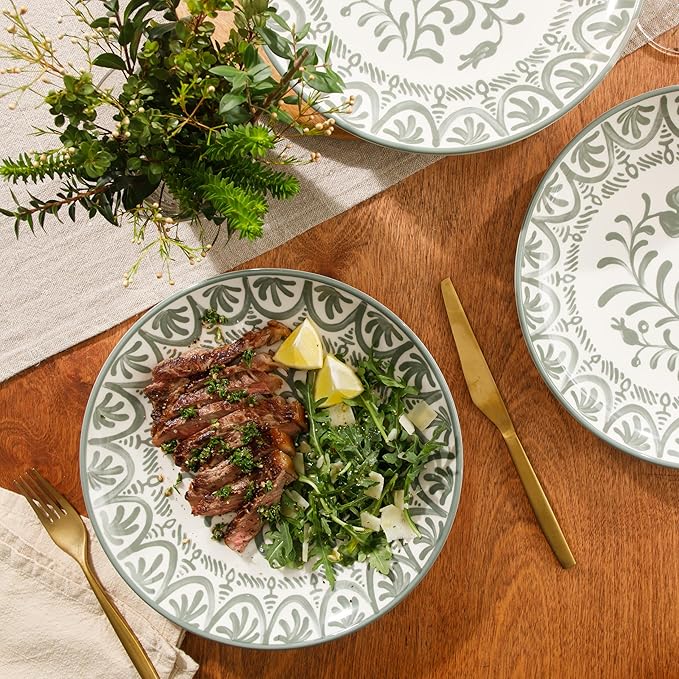 Bloomhouse - 2-Time Oprah’s Favorite Things - Valencia Flor 4 Piece 10.75” Dinner Plate Set Stoneware Plates Mediterranean Floral Decal Design Microwave &amp Dishwasher Safe Fern Green