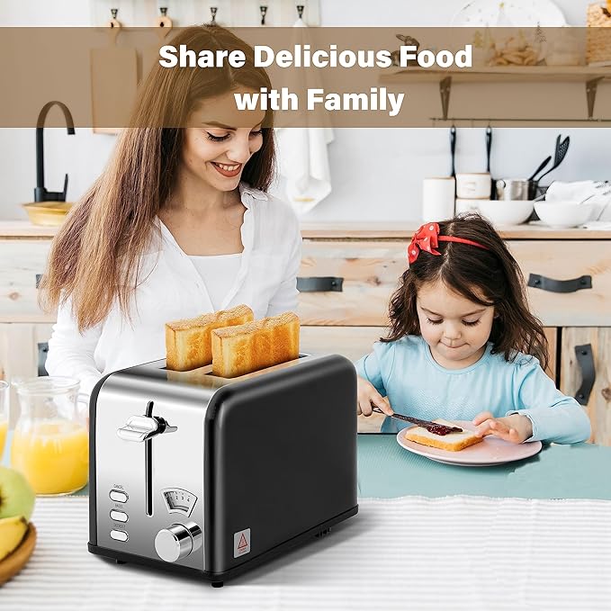 YSSOA Stainless Steel Toaster 2 Slice with 1.5” Wide Slot &amp Removable Crumb Tray 5 Shade Options and Bagel/Defrost/Cancel Functions for Various Bread &amp Waffle Retro Black