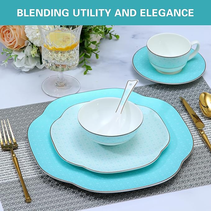 Blue 24 Piece Porcelain DinnerwareBone china set for 4Plates and Bowls Sets With Silver checkered cross pattern Highly Chip &amp Crack Resistant &amp Dishwasher (Light Blue + Checkered Cross)