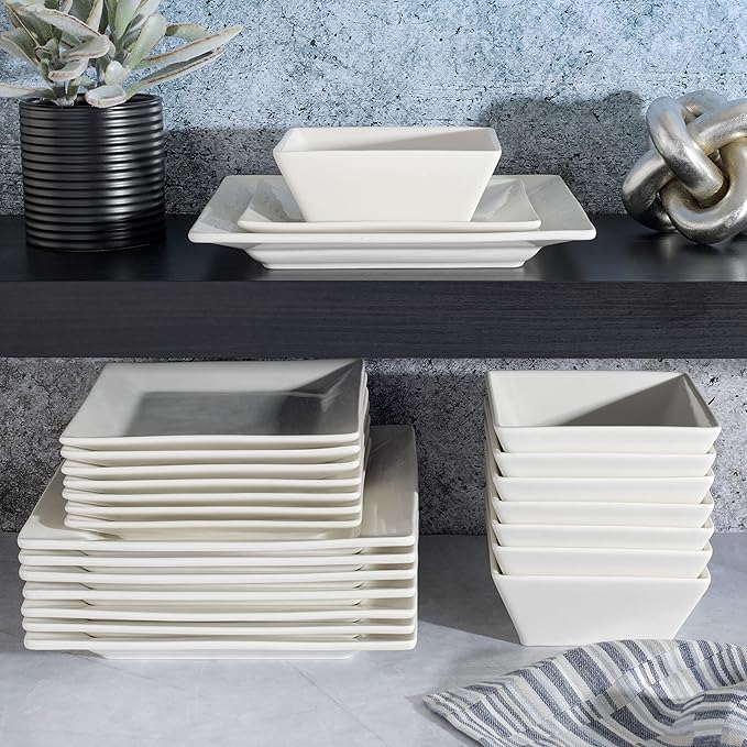 Gibson Home Zen Buffet Hard Square Porcelain Chip and Scratch Resistant Dinnerware Set White Service for 8 (24pcs)