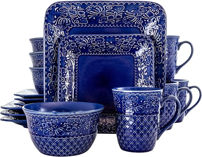 Unknown1 Indigo 16 Piece Square Stoneware Dinnerware Set Blue Textured Casual Microwave Safe Medium
