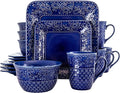 Unknown1 Indigo 16 Piece Square Stoneware Dinnerware Set Blue Textured Casual Microwave Safe Medium