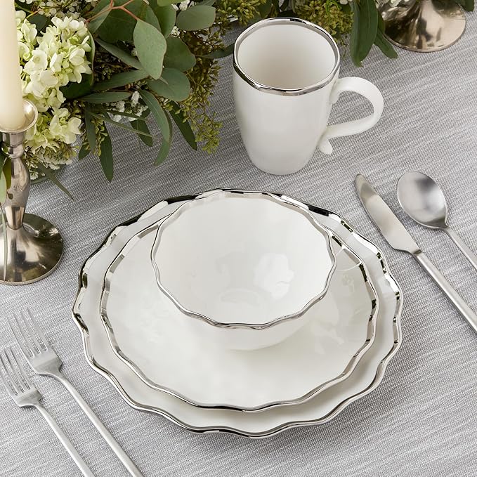 Regency Silver 16-Piece Porcelain Dinnerware Set – Elegant Silver-Trimmed Plates Bowls &amp Mugs – Service for 4 – Durable Dishwasher-Safe Tableware for Everyday Dining &amp Special Occasions