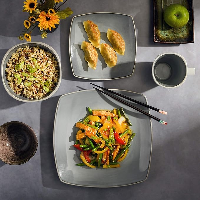 Gibson Elite Soho Lounge Square Reactive Glaze Stoneware Dinnerware Set Service for 4 (16pc) Light Gray